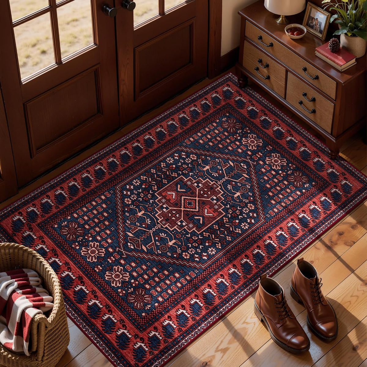2x6 Dark Red Vintage Boho Washable Runner Rug - Non-Slip Hallway Carpet