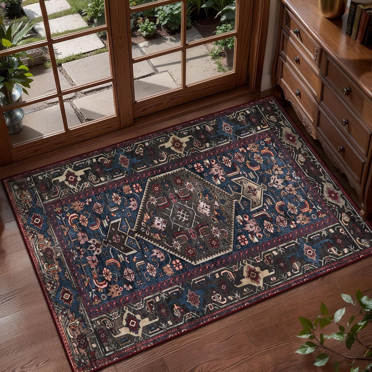 2x6 Blue and Red Vintage Boho Washable Runner Rug - Non-Slip Hallway Carpet
