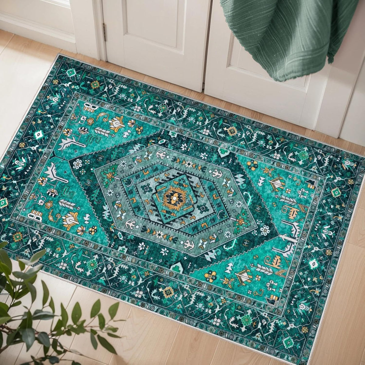 4x6 Teal Vintage Boho Washable Area Rug - Non-Slip Distressed Carpet