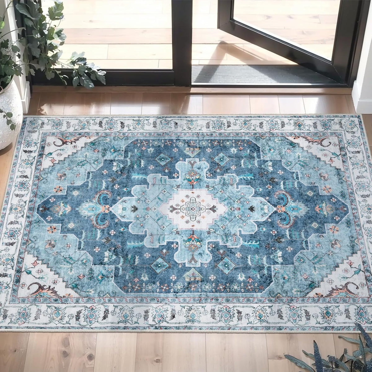 2x3 Blue Vintage Boho Washable Small Area Rug - Non-Slip Entryway Mat