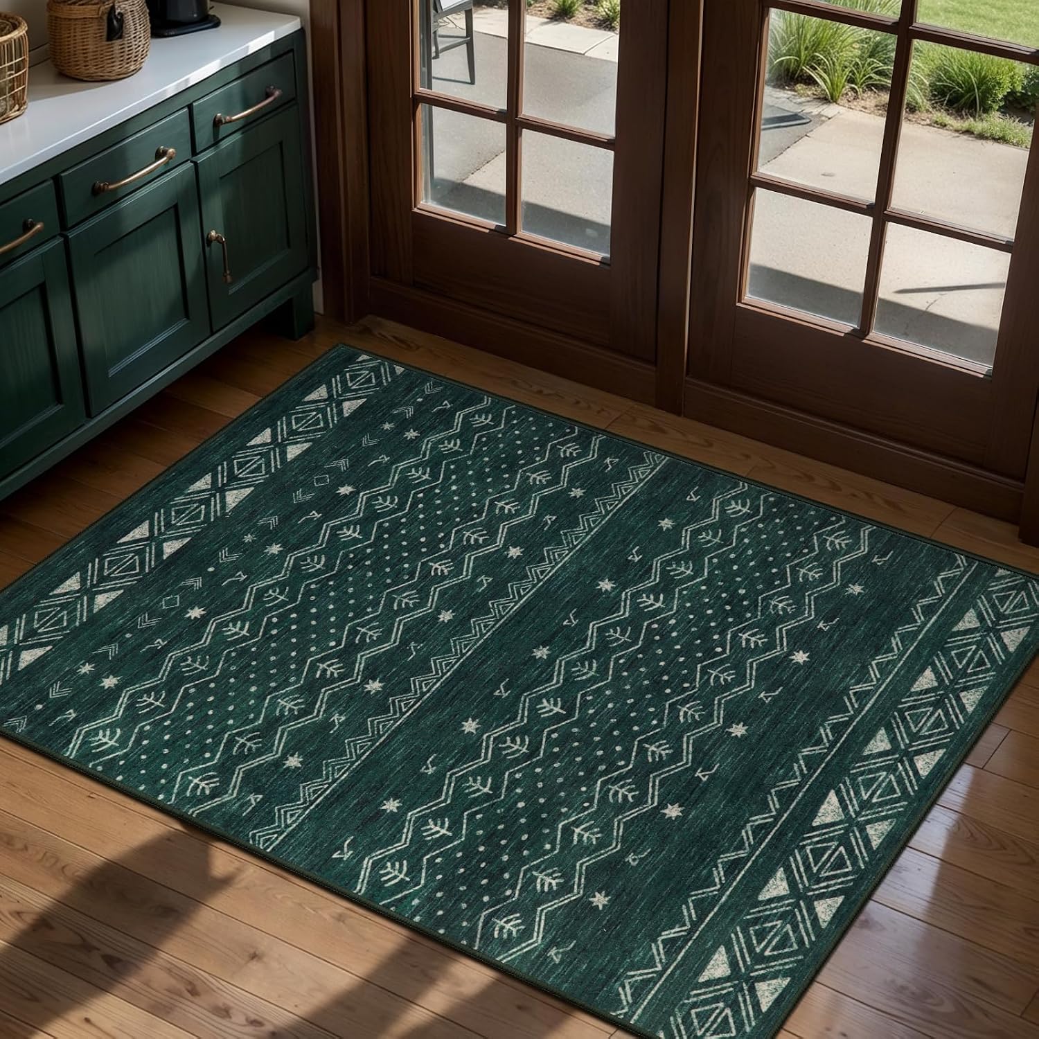 2'6"x8' Dark Green Washable Hallway Runner Rug - Moroccan Boho Long Carpet