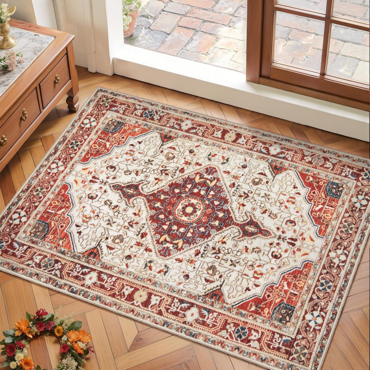 2x3 Beige and Orange Vintage Washable Small Rug - Non-Slip Door Mat