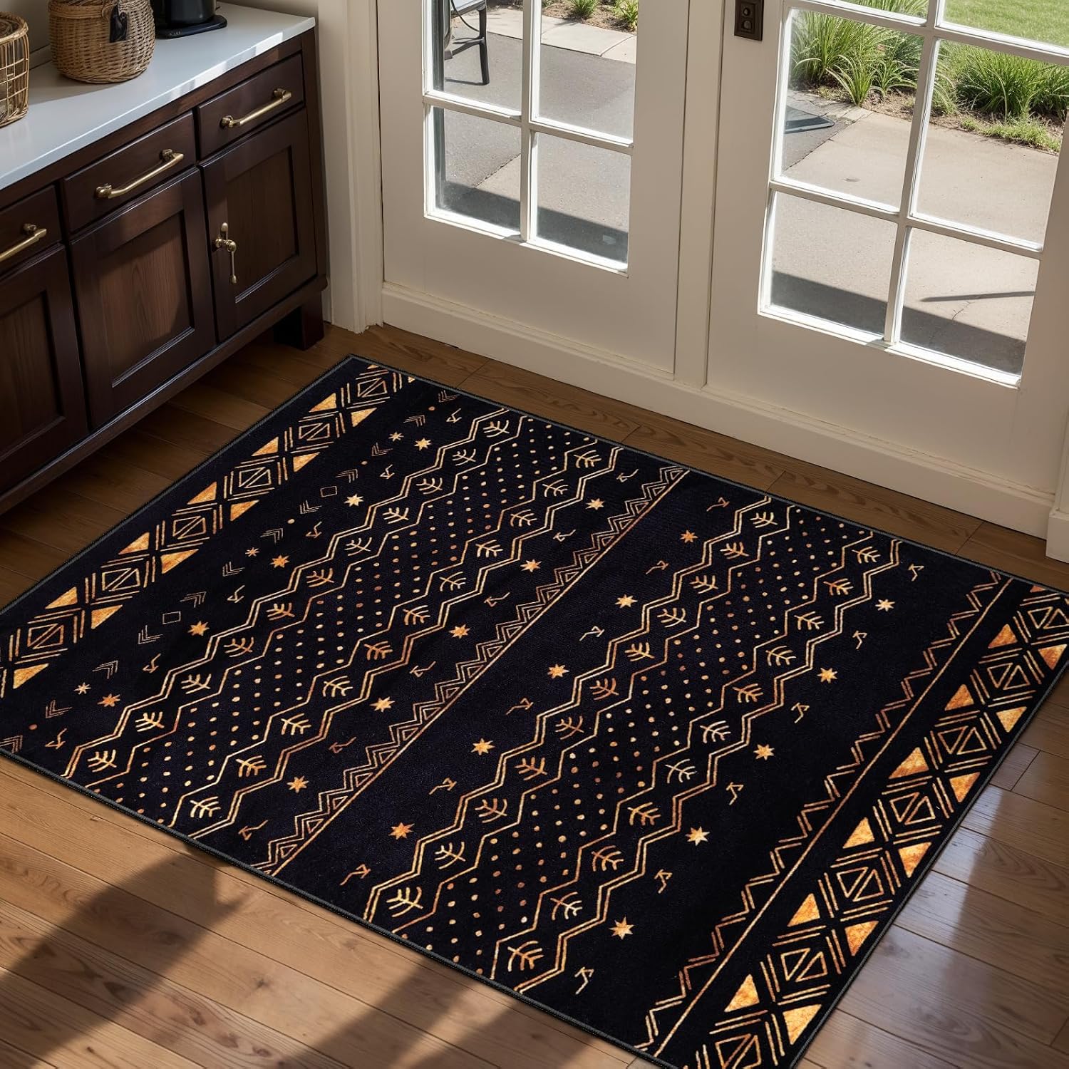 9x12 Washable Living Room Area Rug - Black and Gold Moroccan Carpet