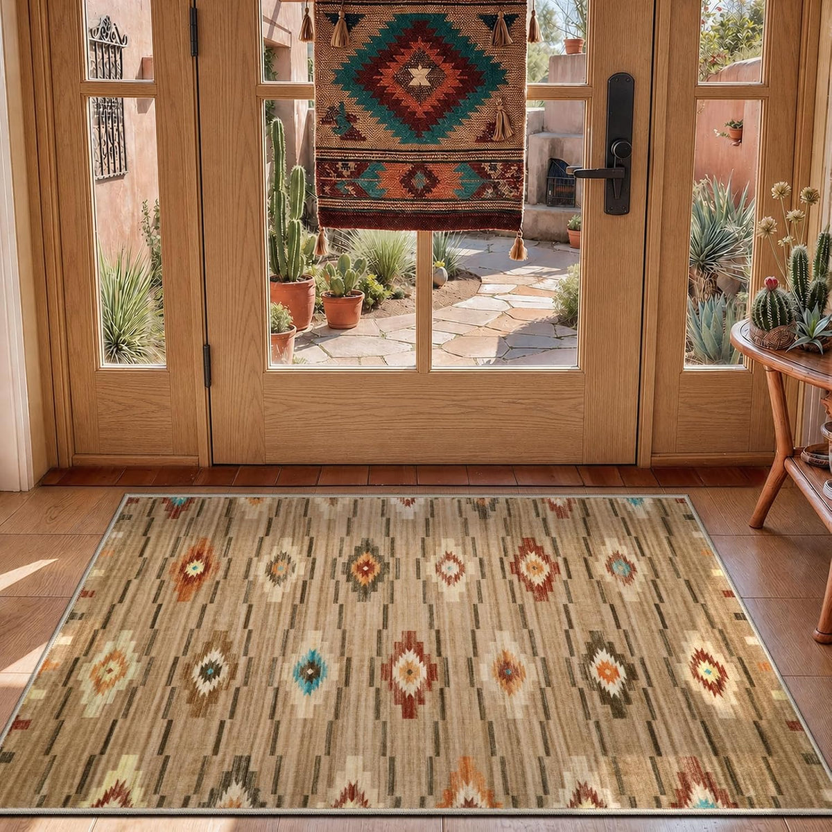 5x7 Khaki Southwestern Washable Area Rug - Non-Slip Abstract Carpet