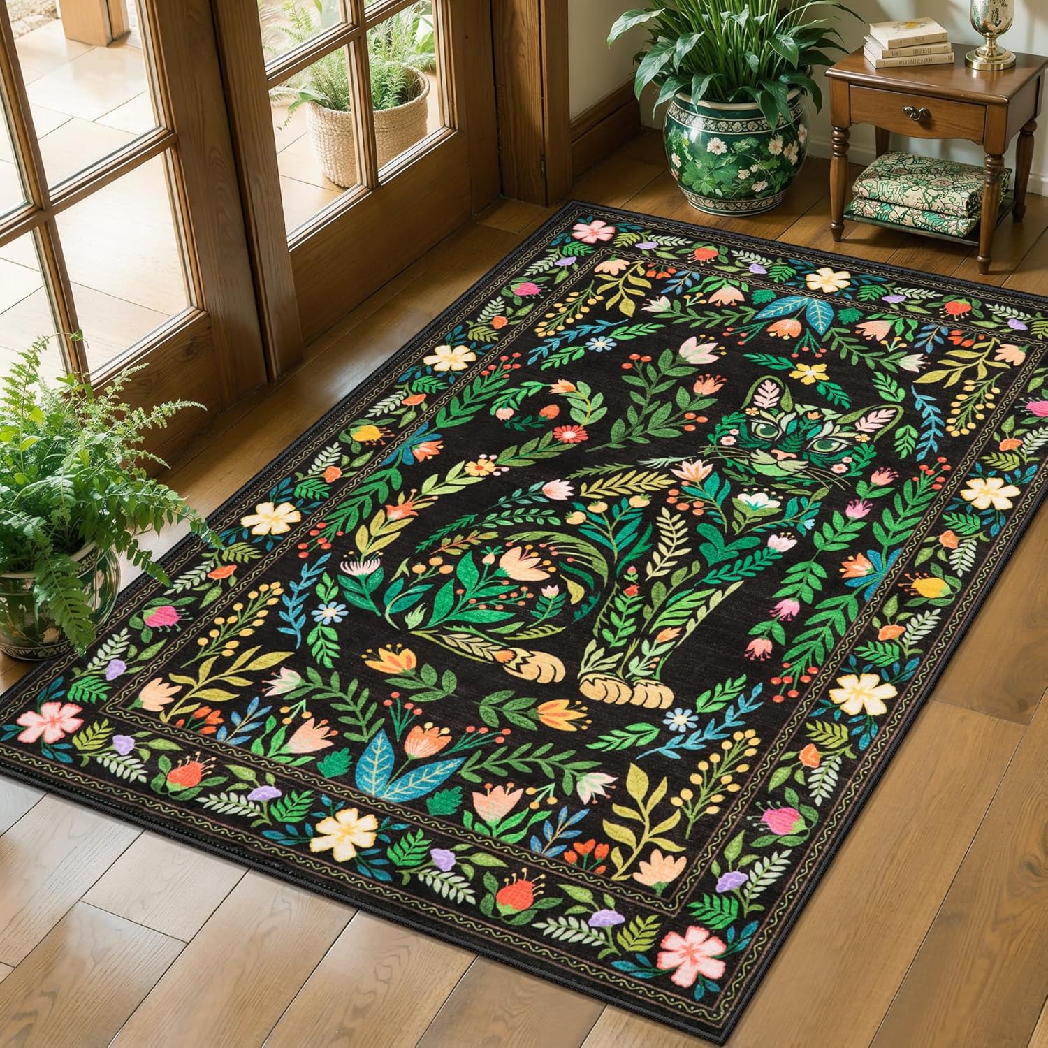 SERISSA Boho Floral & Cat Print Washable Area Rug, Non-Slip Soft Low-Pile Vintage Carpet for Living Room, Dining Room, Bedroom & Kids Playroom – Sophisticated Black Decor