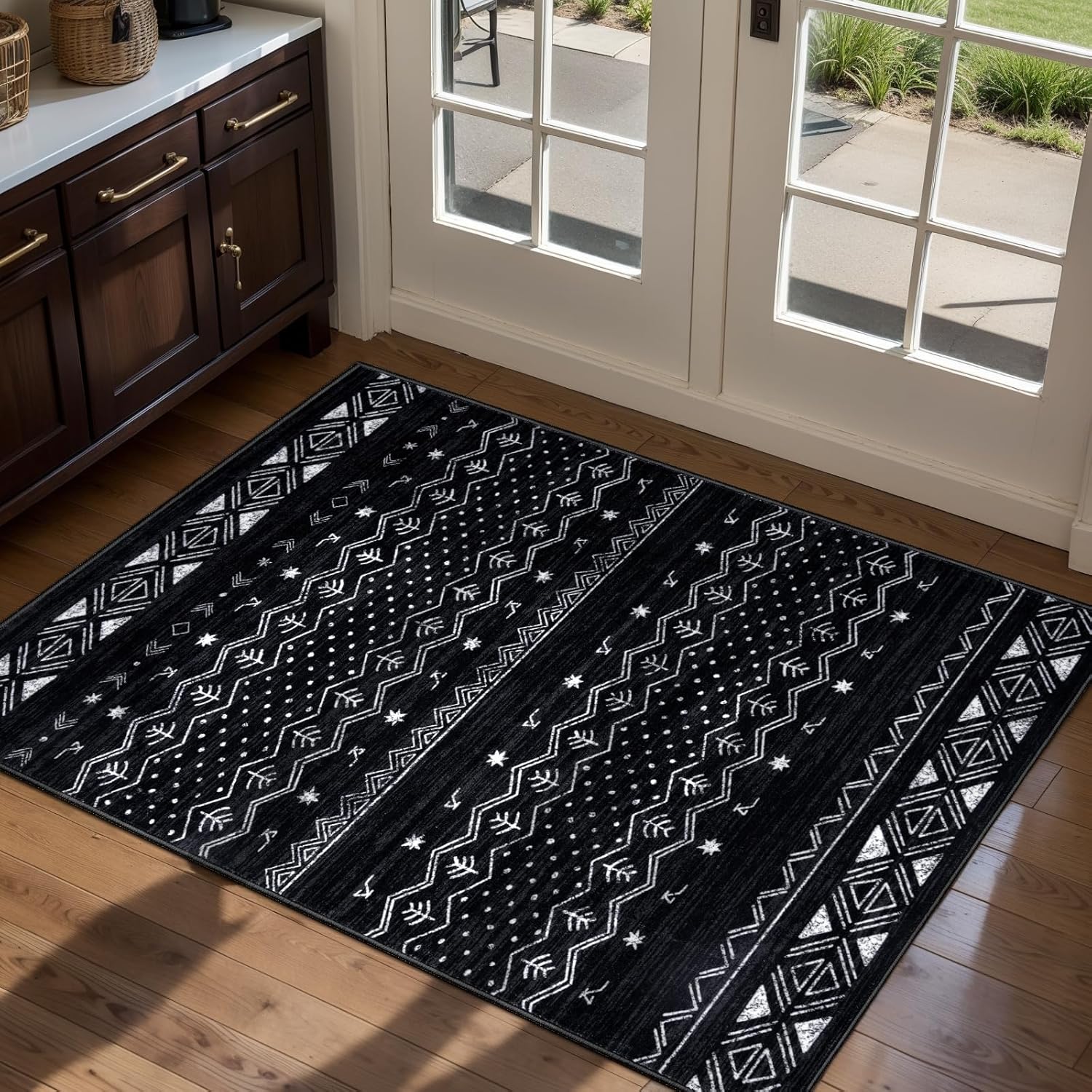 SERISSA Boho Geometric Washable Runner Rug, 2'x10' Non-Slip Long Hallway Carpet for Kitchen, Entryway, Laundry, Bedroom & Bathroom – Soft Low-Pile Black & White Runner