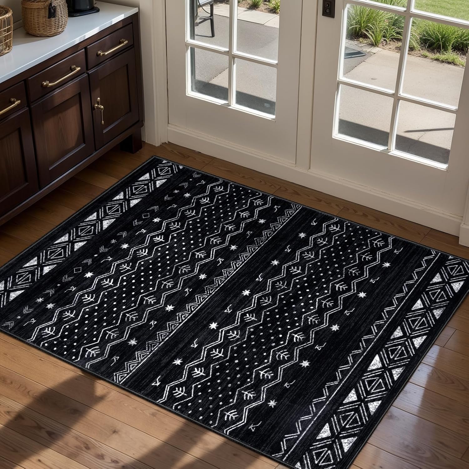 2x3 Black and White Moroccan Washable Small Rug - Non-Slip Door Mat