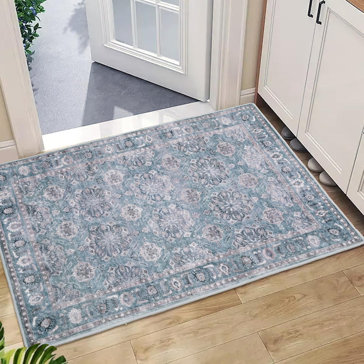 2x6 Blue Grey Floral Vintage Boho Washable Runner Rug - Non-Slip Hallway Carpet
