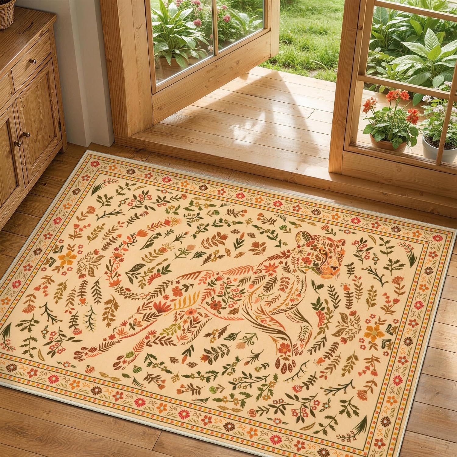 SERISSA Boho Floral & Cheetah Washable Area Rug, Non-Slip Soft Low-Pile Vintage Carpet for Living Room, Bedroom, Kitchen, Dorm & Office – Statement Camel Decor