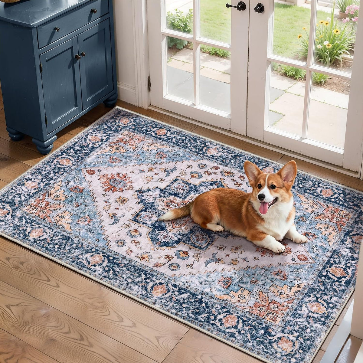 3x4 Blue and Orange Boho Washable Area Rug - Non-Slip Accent Carpet