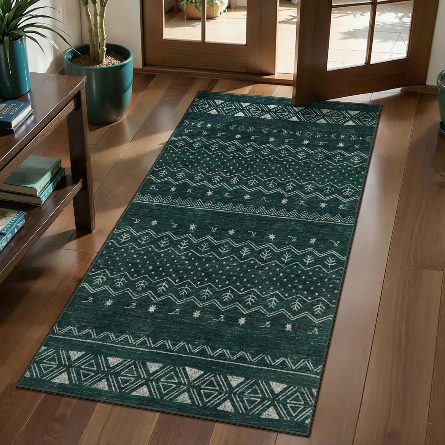 2'6"x8' Dark Green Washable Hallway Runner Rug - Moroccan Boho Long Carpet