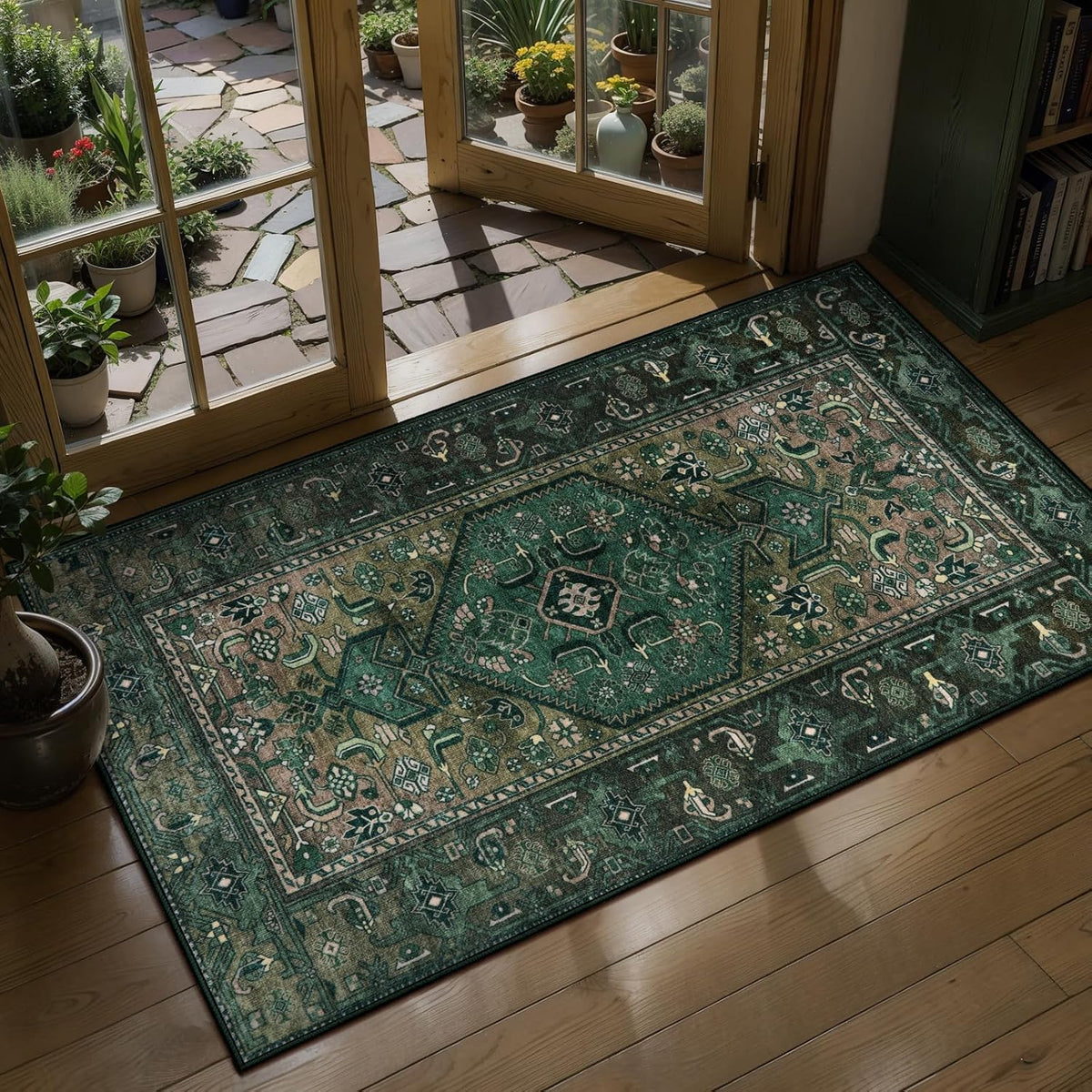 2x5 Dark Green Vintage Boho Washable Runner Rug - Non-Slip Hallway Carpet