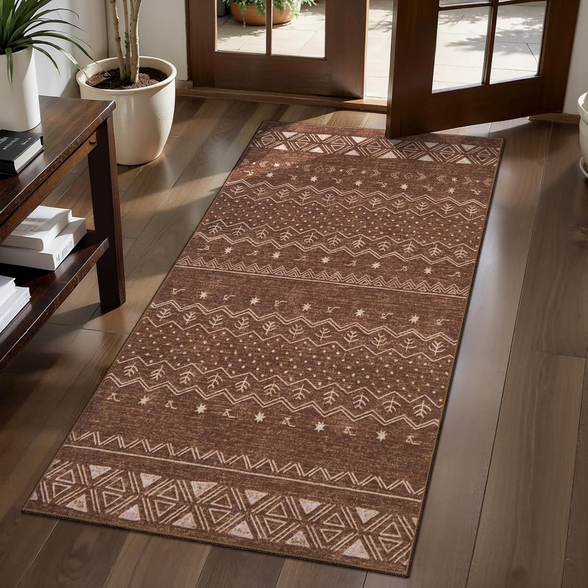 2x3 Coffee Brown Geometric Boho Washable Small Rug - Non-Slip Entryway Mat