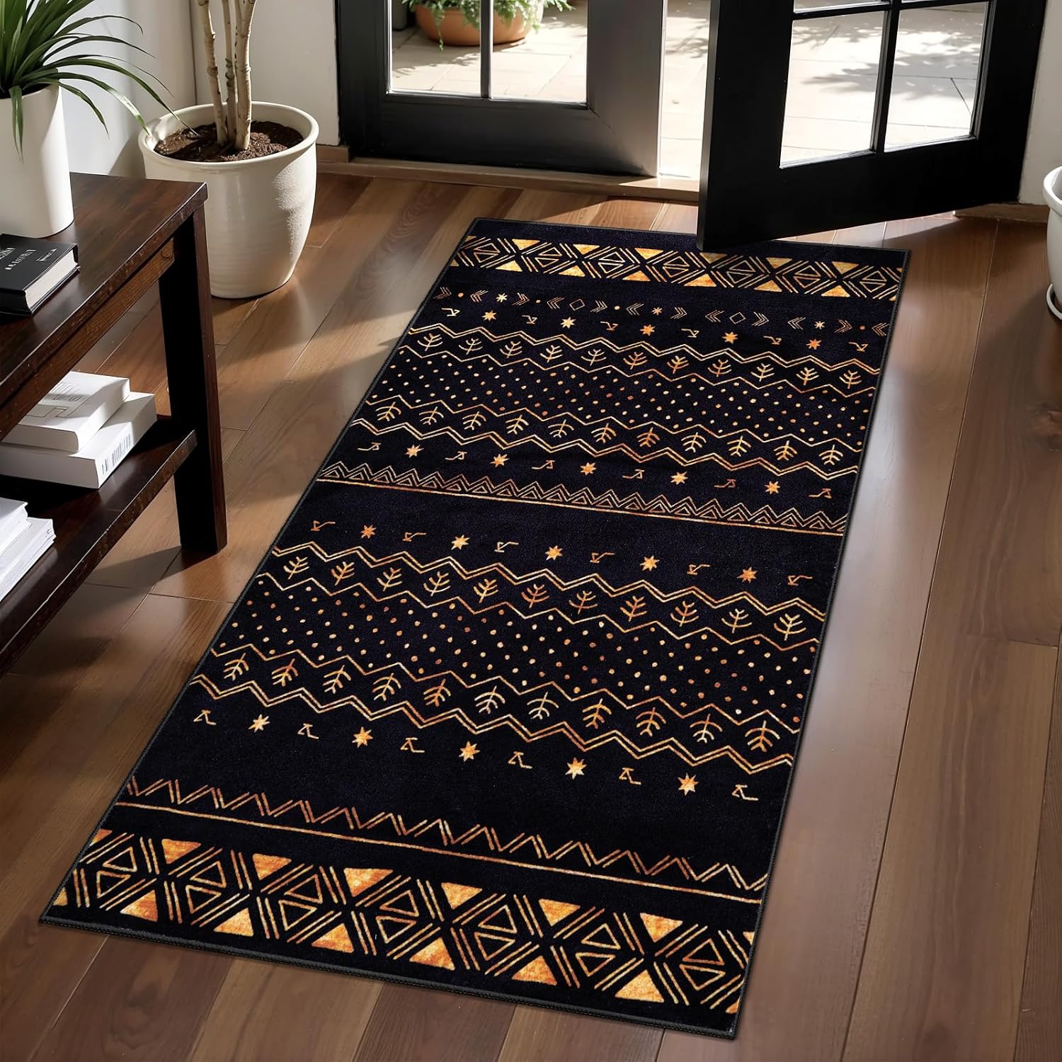 9x12 Washable Living Room Area Rug - Black and Gold Moroccan Carpet