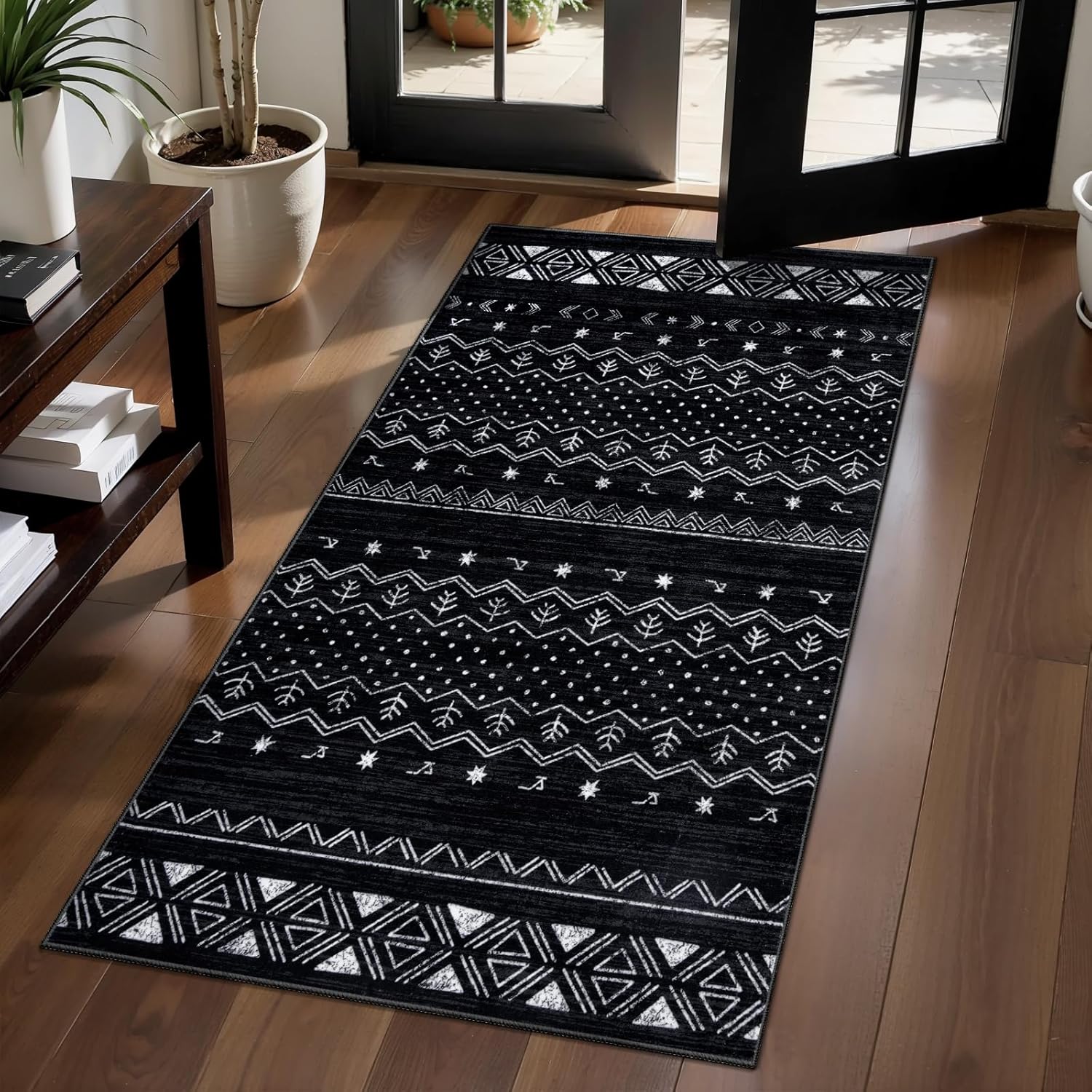 SERISSA Boho Geometric Washable Runner Rug, 2'x10' Non-Slip Long Hallway Carpet for Kitchen, Entryway, Laundry, Bedroom & Bathroom – Soft Low-Pile Black & White Runner
