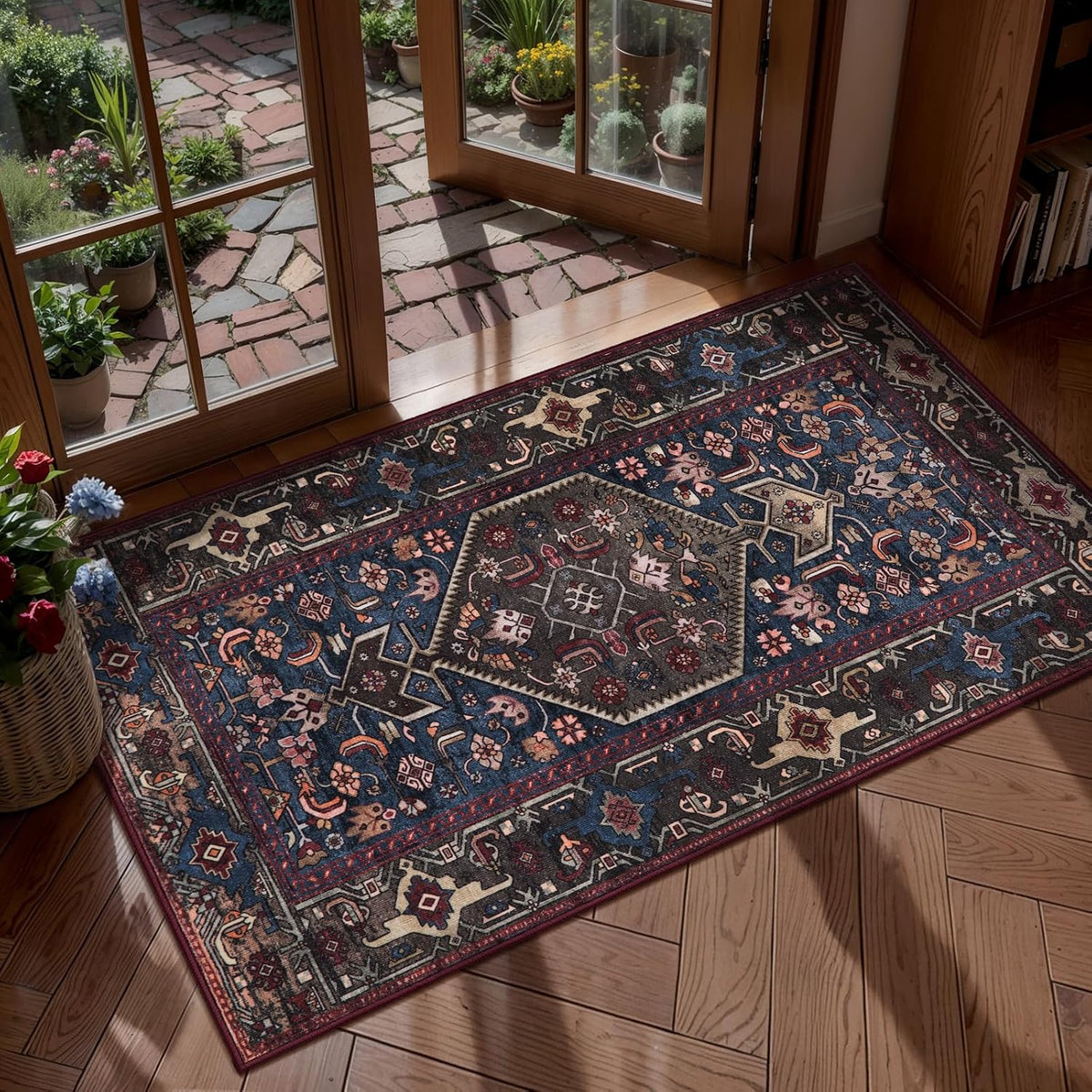 2x6 Blue and Red Vintage Boho Washable Runner Rug - Non-Slip Hallway Carpet