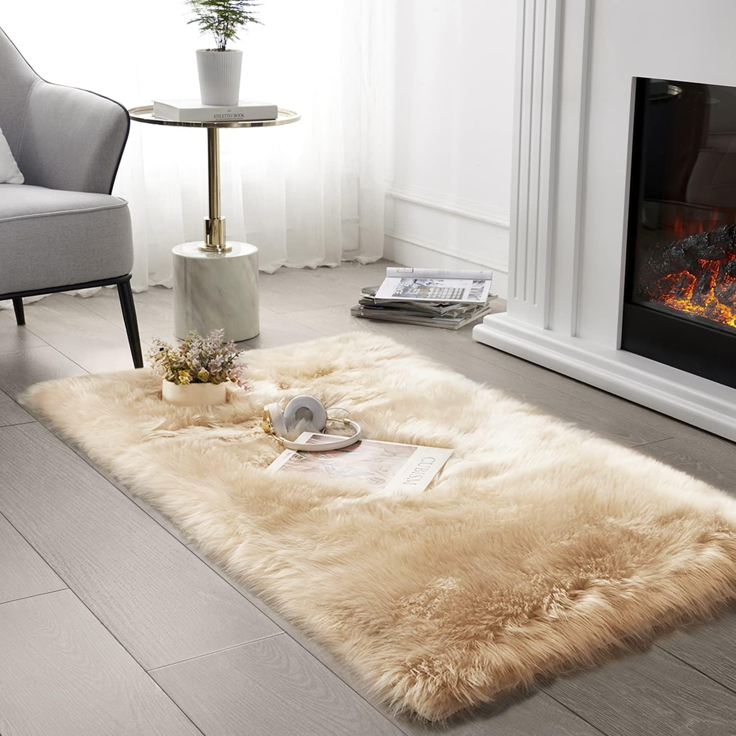 SERISSA Faux Sheepskin Shaggy Area Rug, 8'x10' Large Ultra-Soft Fluffy Floor Carpet for Living Room, Bedroom & Nursery – Luxurious Beige Furry Decor