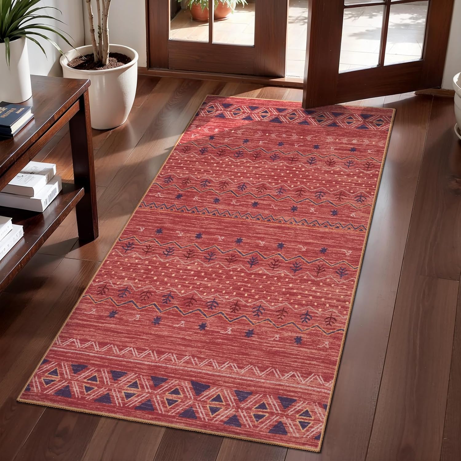 2x10 Red Ochre Washable Hallway Runner Rug - Moroccan Boho Long Carpet