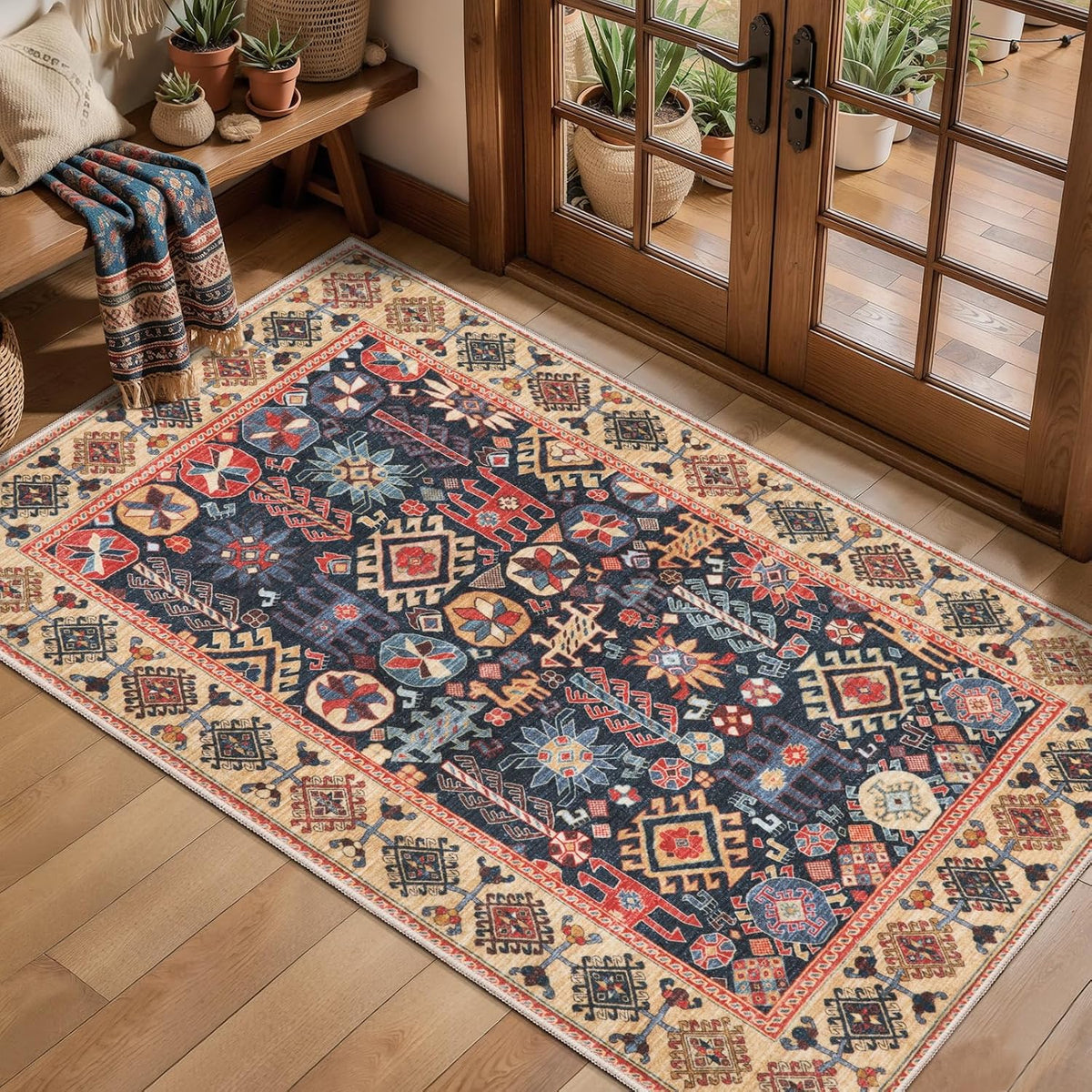 2x6 Blue and Beige Boho Vintage Washable Runner Rug - Non-Slip Hallway Carpet