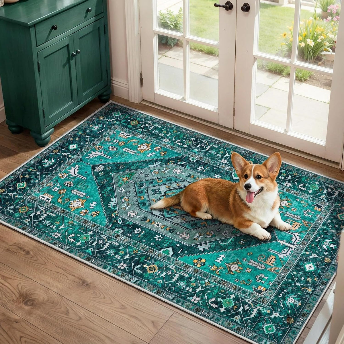 4x6 Teal Vintage Boho Washable Area Rug - Non-Slip Distressed Carpet