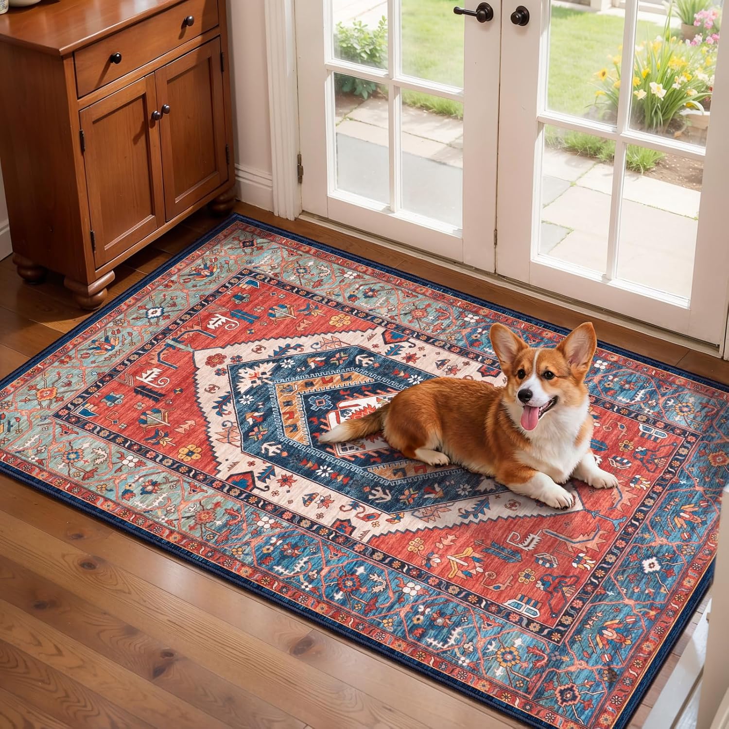 SERISSA Vintage Boho Washable Area Rug, 3'x5' Non-Slip Distressed Tribal Throw Rug for Living Room, Bedroom, Nursery & Kitchen – Ultra Soft Low-Pile Floor Carpet
