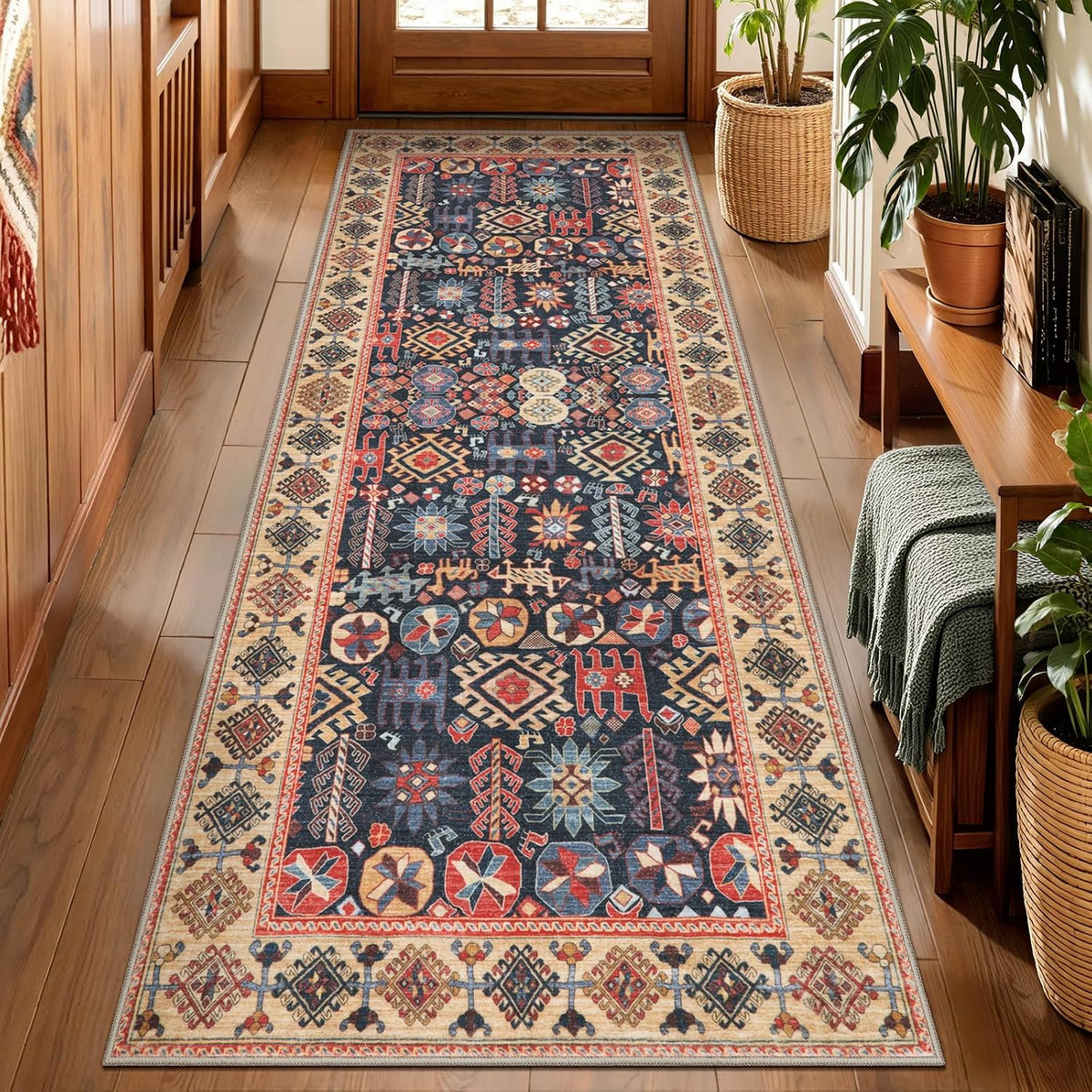 2x6 Blue and Beige Boho Vintage Washable Runner Rug - Non-Slip Hallway Carpet