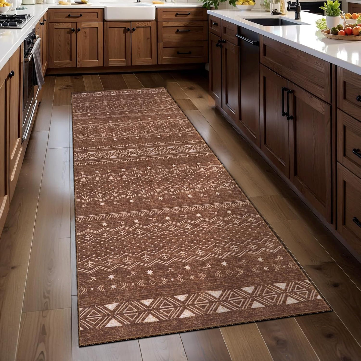 2x3 Coffee Brown Geometric Boho Washable Small Rug - Non-Slip Entryway Mat