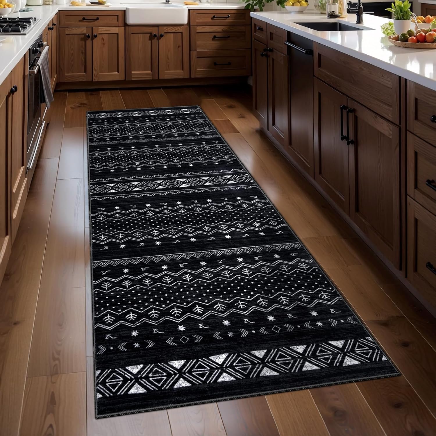 SERISSA Boho Geometric Washable Runner Rug, 2'x10' Non-Slip Long Hallway Carpet for Kitchen, Entryway, Laundry, Bedroom & Bathroom – Soft Low-Pile Black & White Runner