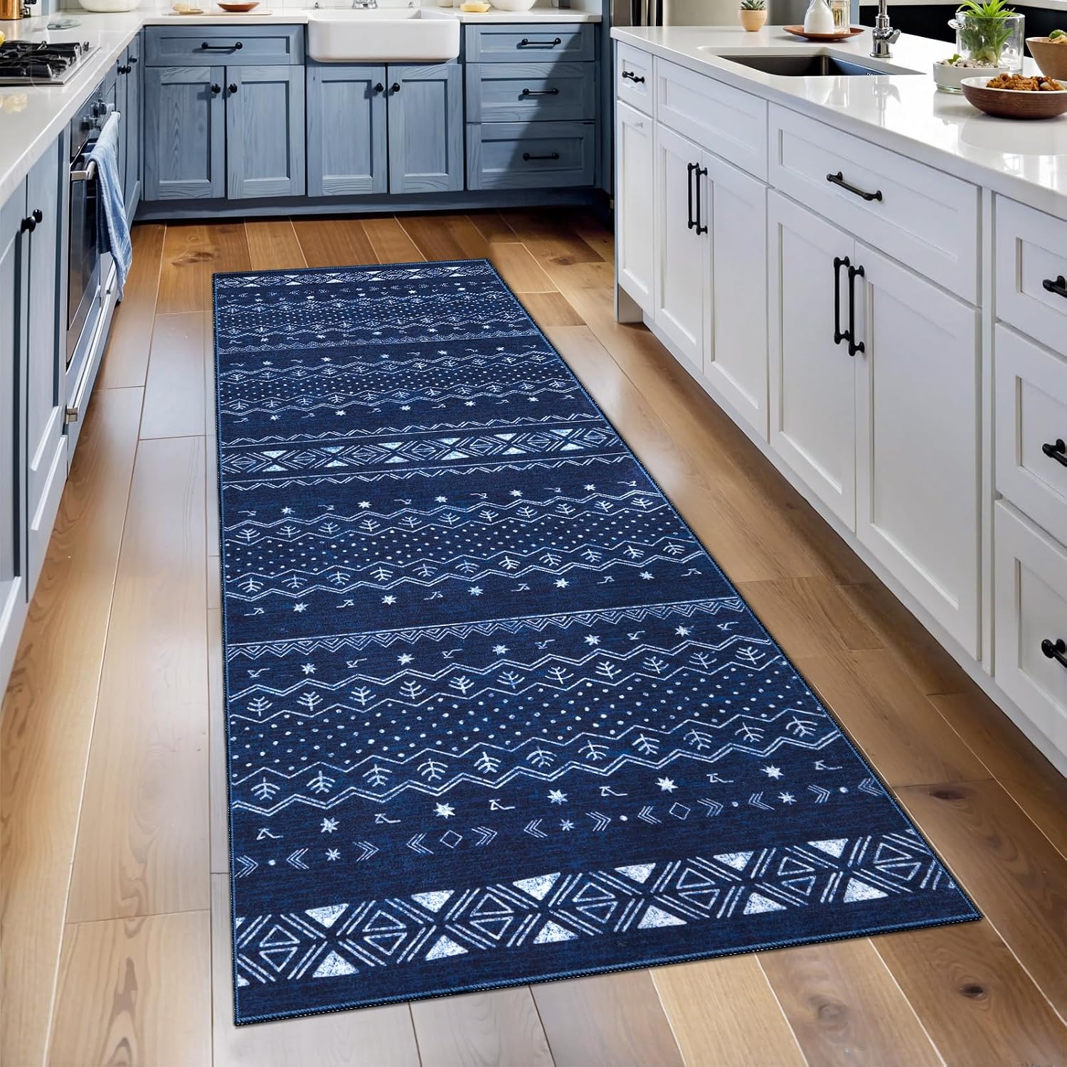 3x5 Blue and White Moroccan Washable Small Rug - Non-Slip Accent Carpet