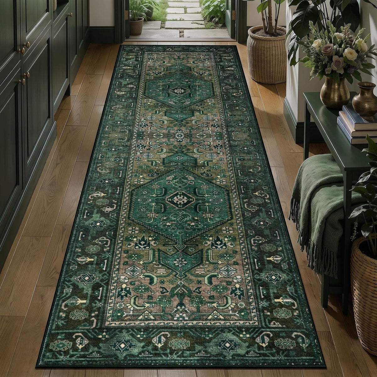 2x5 Dark Green Vintage Boho Washable Runner Rug - Non-Slip Hallway Carpet