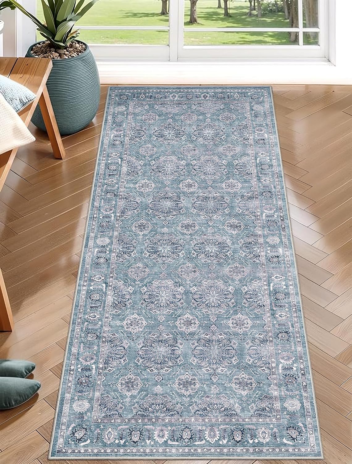 2x6 Blue Grey Floral Vintage Boho Washable Runner Rug - Non-Slip Hallway Carpet