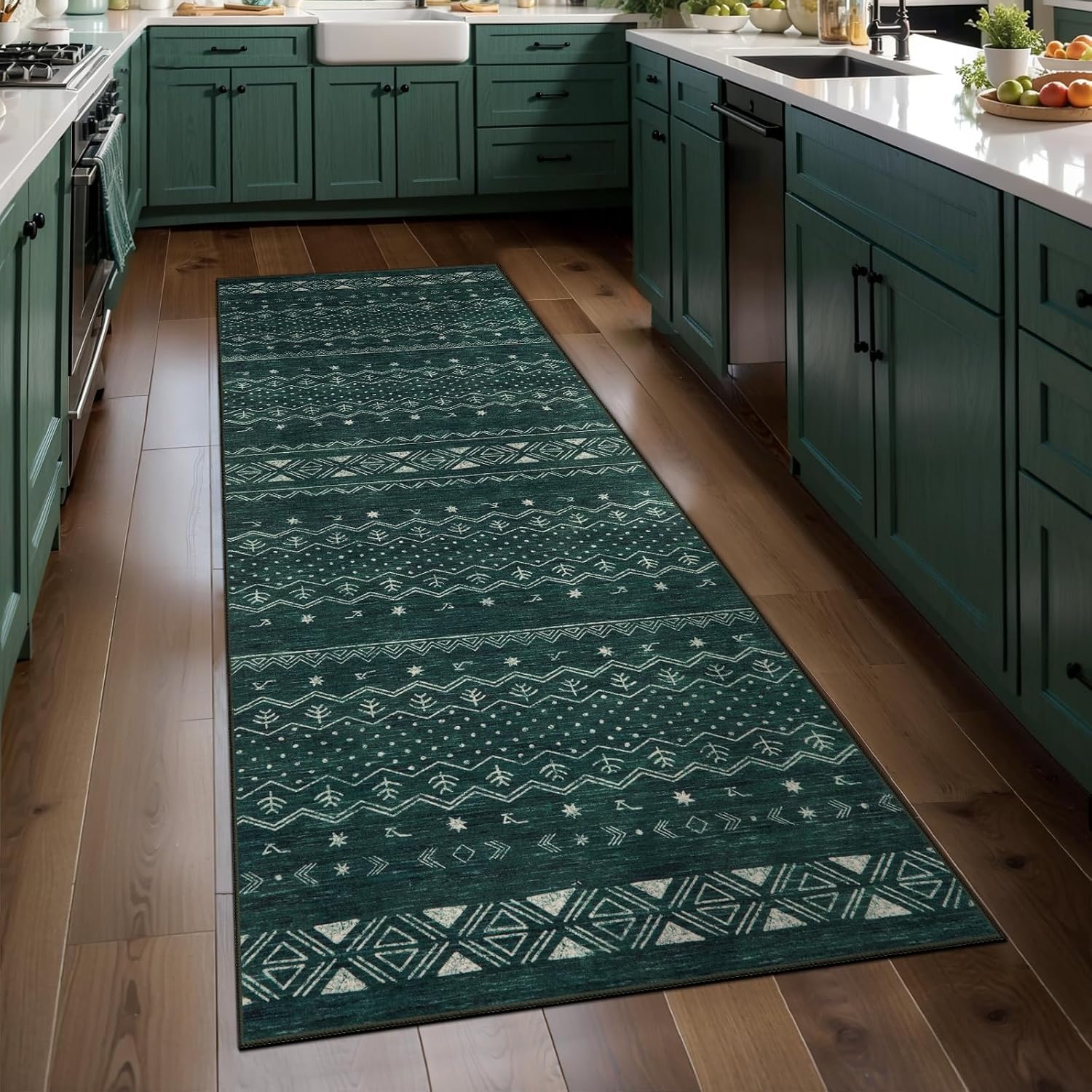 2'6"x8' Dark Green Washable Hallway Runner Rug - Moroccan Boho Long Carpet