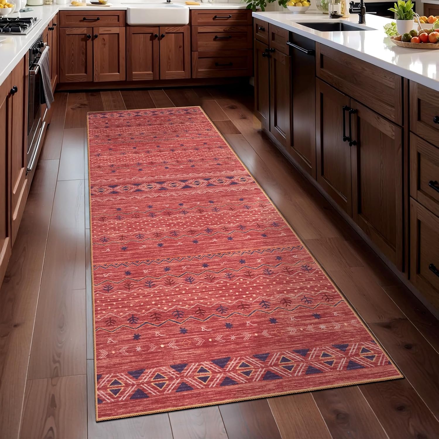 2x10 Red Ochre Washable Hallway Runner Rug - Moroccan Boho Long Carpet