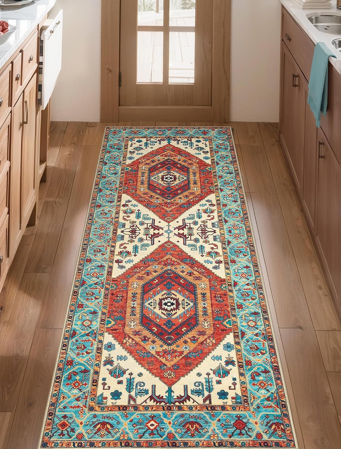 3x12 Orange Vintage Boho Washable Runner Rug - Non-Slip Hallway Carpet