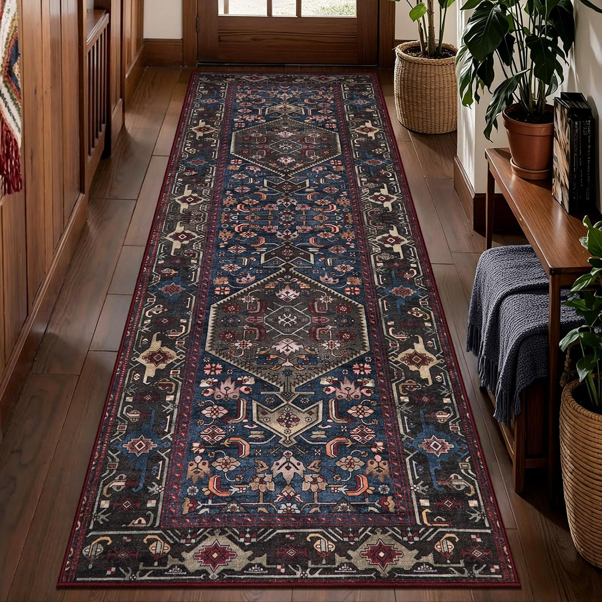 2x6 Blue and Red Vintage Boho Washable Runner Rug - Non-Slip Hallway Carpet