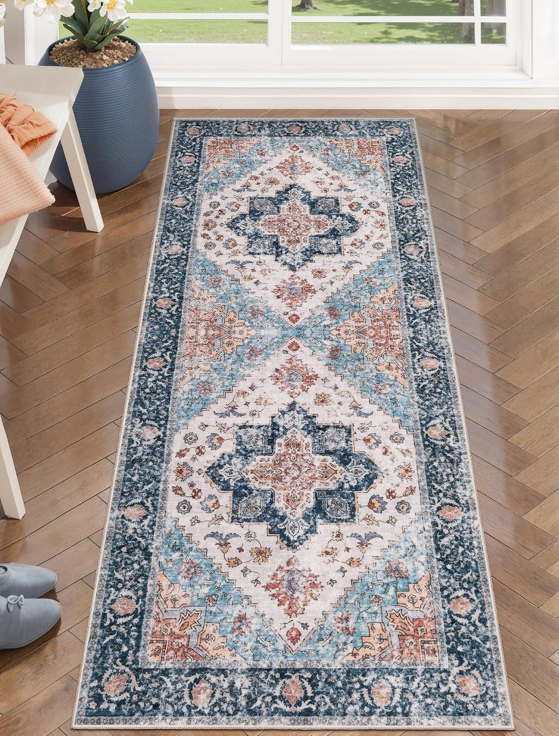 3x4 Blue and Orange Boho Washable Area Rug - Non-Slip Accent Carpet