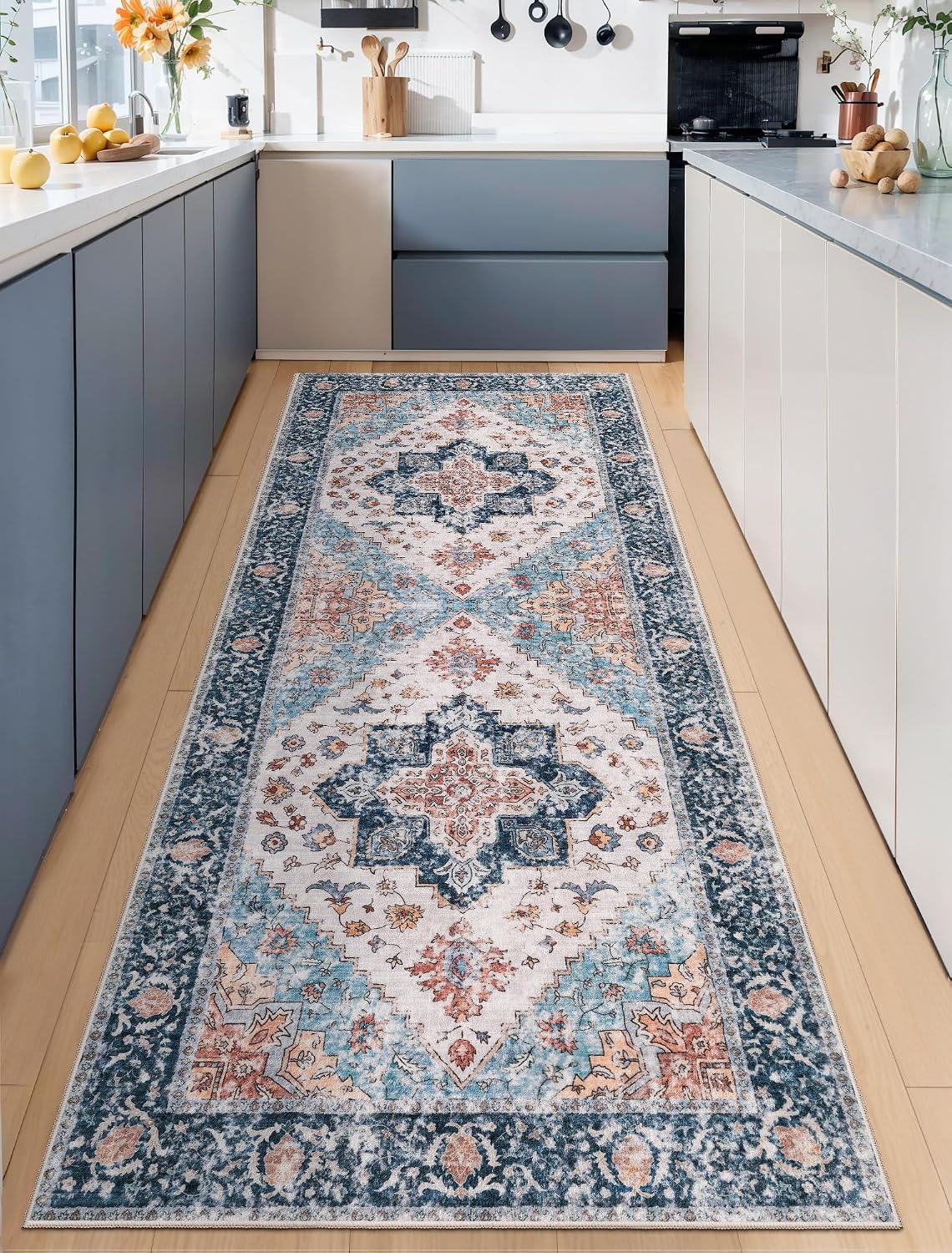 3x4 Blue and Orange Boho Washable Area Rug - Non-Slip Accent Carpet