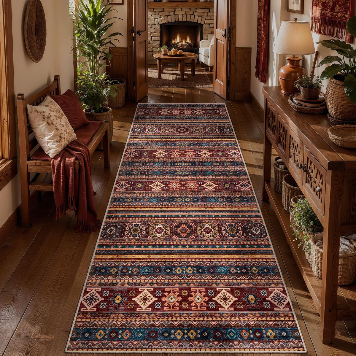 5x7 Red Multi Vintage Boho Washable Area Rug - Non-Slip Large Carpet