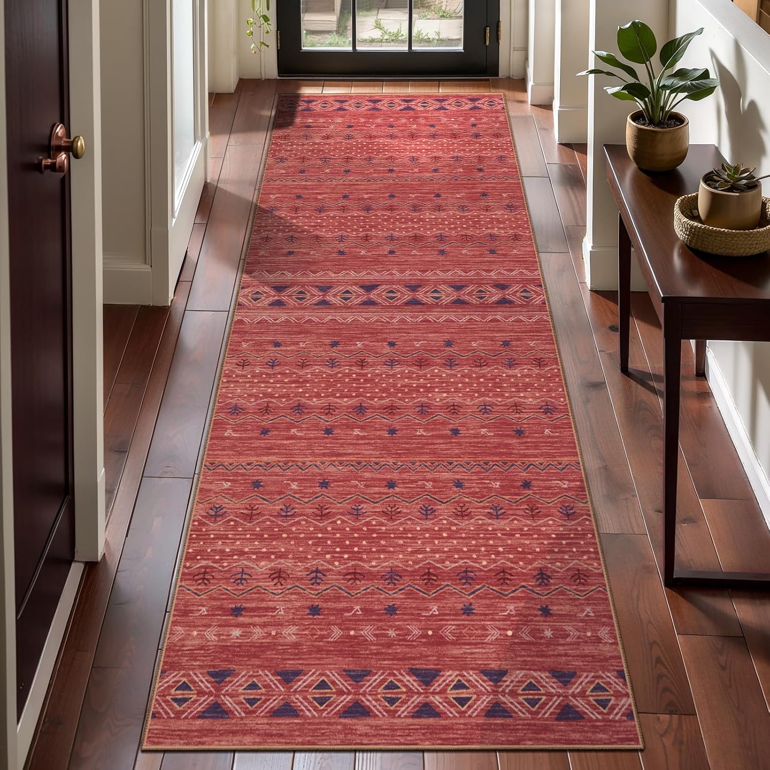 2x10 Red Ochre Washable Hallway Runner Rug - Moroccan Boho Long Carpet