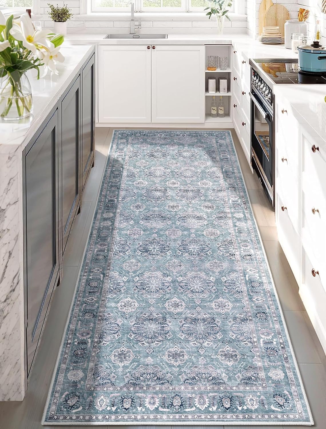 2x6 Blue Grey Floral Vintage Boho Washable Runner Rug - Non-Slip Hallway Carpet