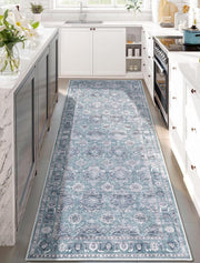 2x6 Blue Grey Floral Vintage Boho Washable Runner Rug - Non-Slip Hallway Carpet