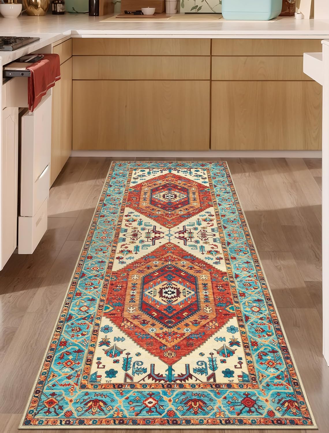 3x12 Orange Vintage Boho Washable Runner Rug - Non-Slip Hallway Carpet