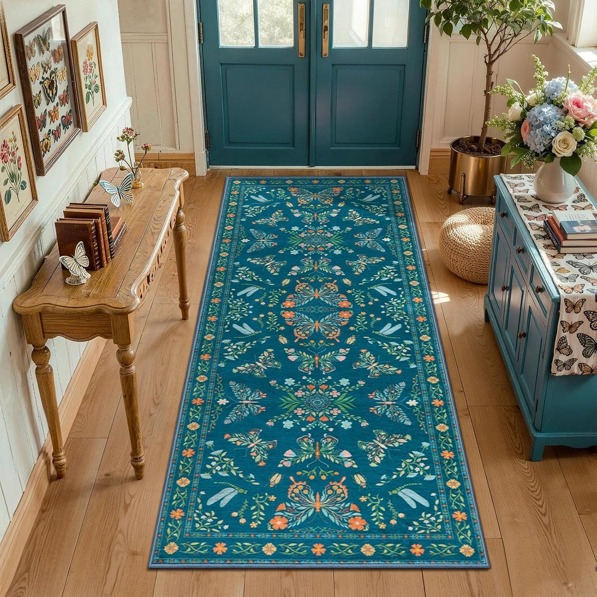 2x3 Green Floral Butterfly Boho Washable Small Rug - Non-Slip Entryway Mat