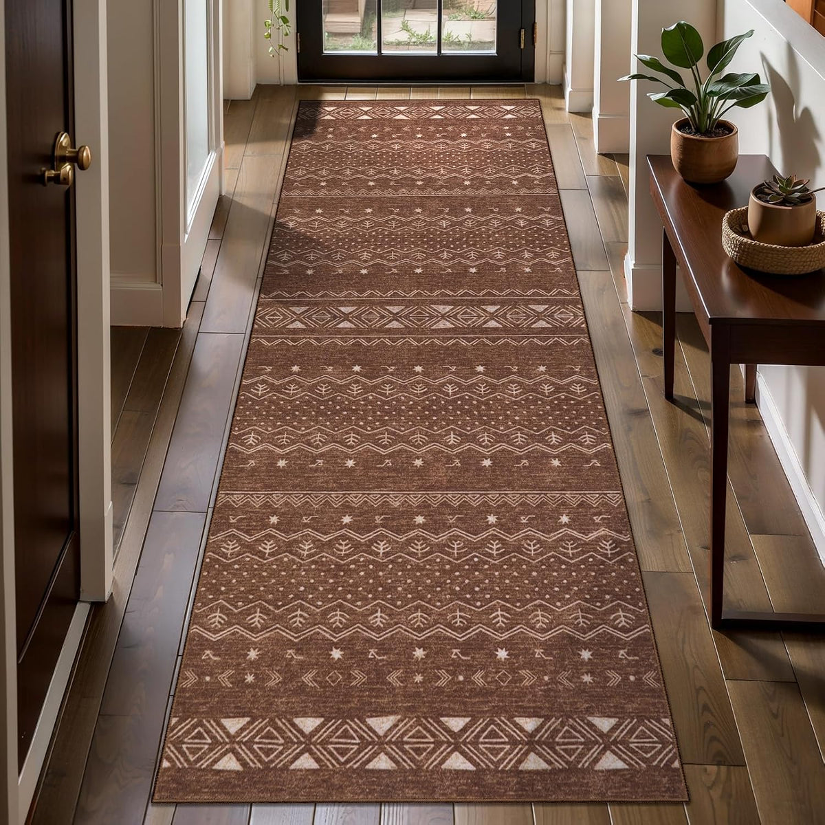 2x3 Coffee Brown Geometric Boho Washable Small Rug - Non-Slip Entryway Mat