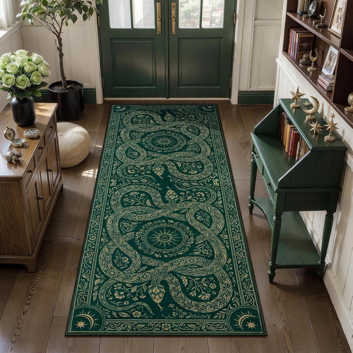 6x9 Green Gothic Floral Snake Washable Area Rug - Non-Slip Large Carpet