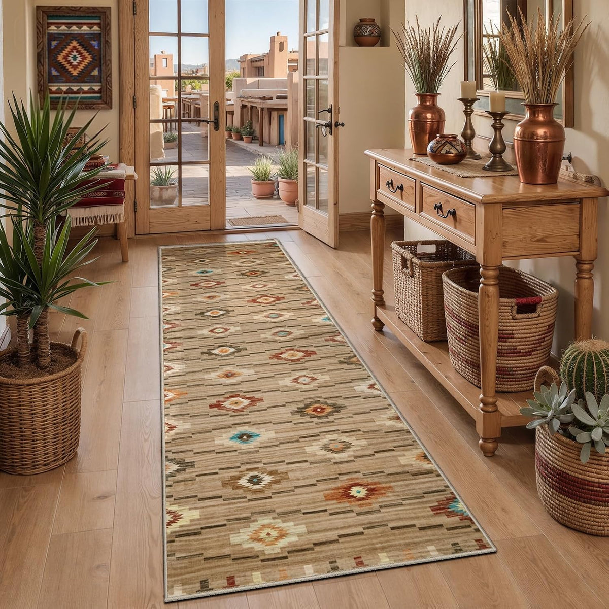 5x7 Khaki Southwestern Washable Area Rug - Non-Slip Abstract Carpet