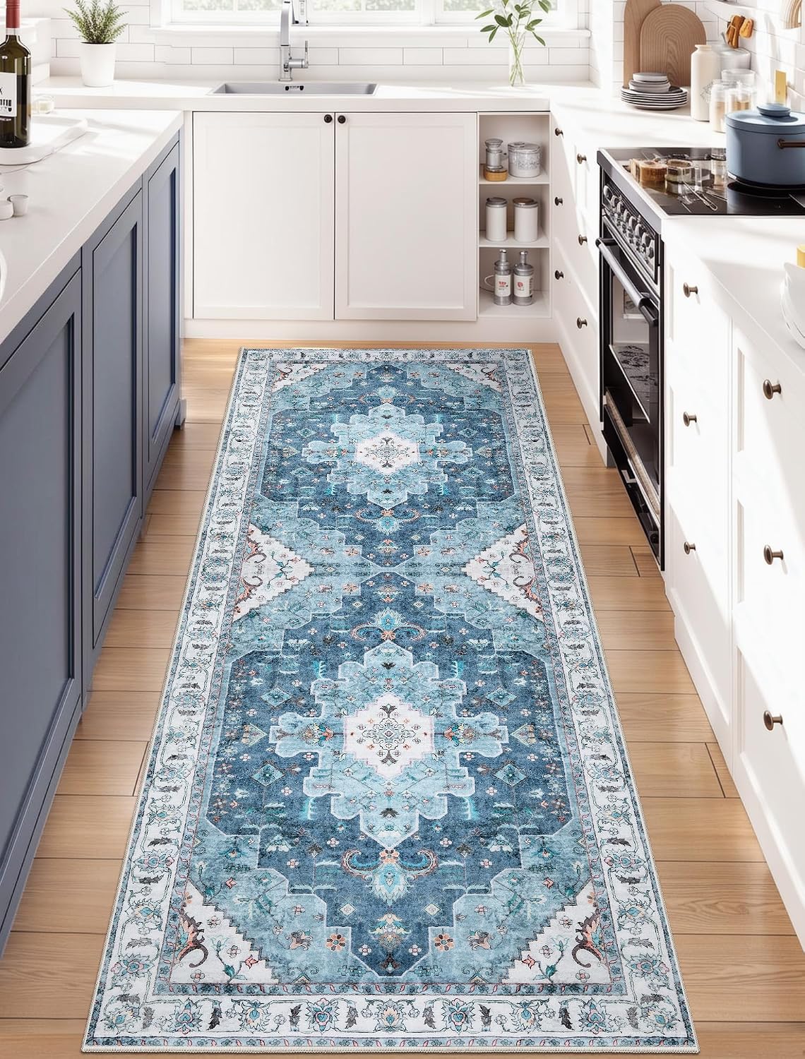 2x3 Blue Vintage Boho Washable Small Area Rug - Non-Slip Entryway Mat