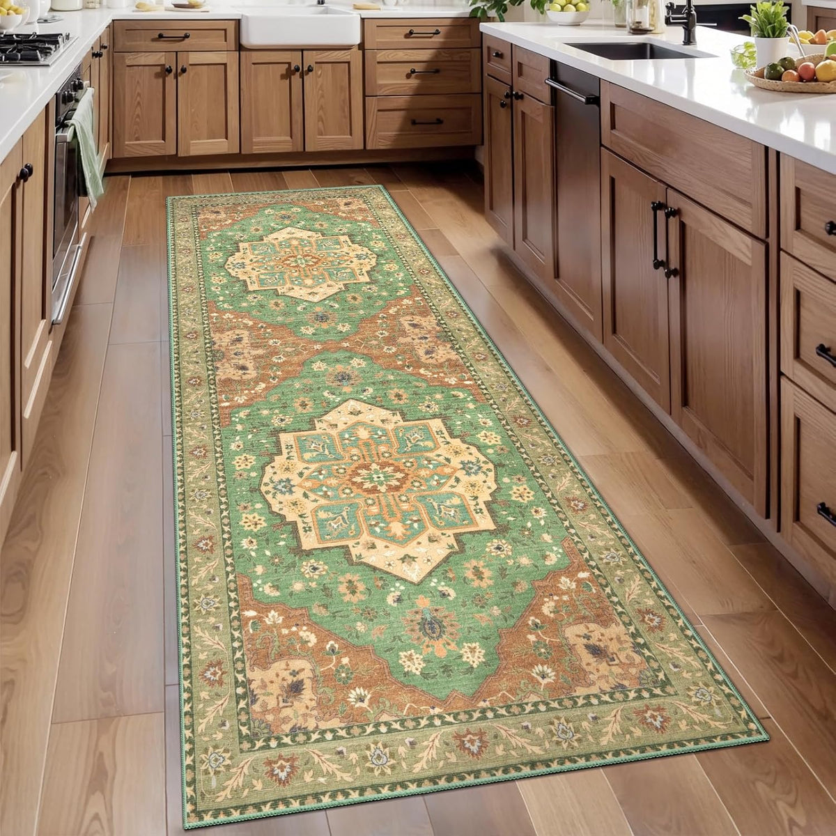 2'6"x8' Terracotta Green Vintage Washable Runner Rug - Non-Slip Hallway Carpet