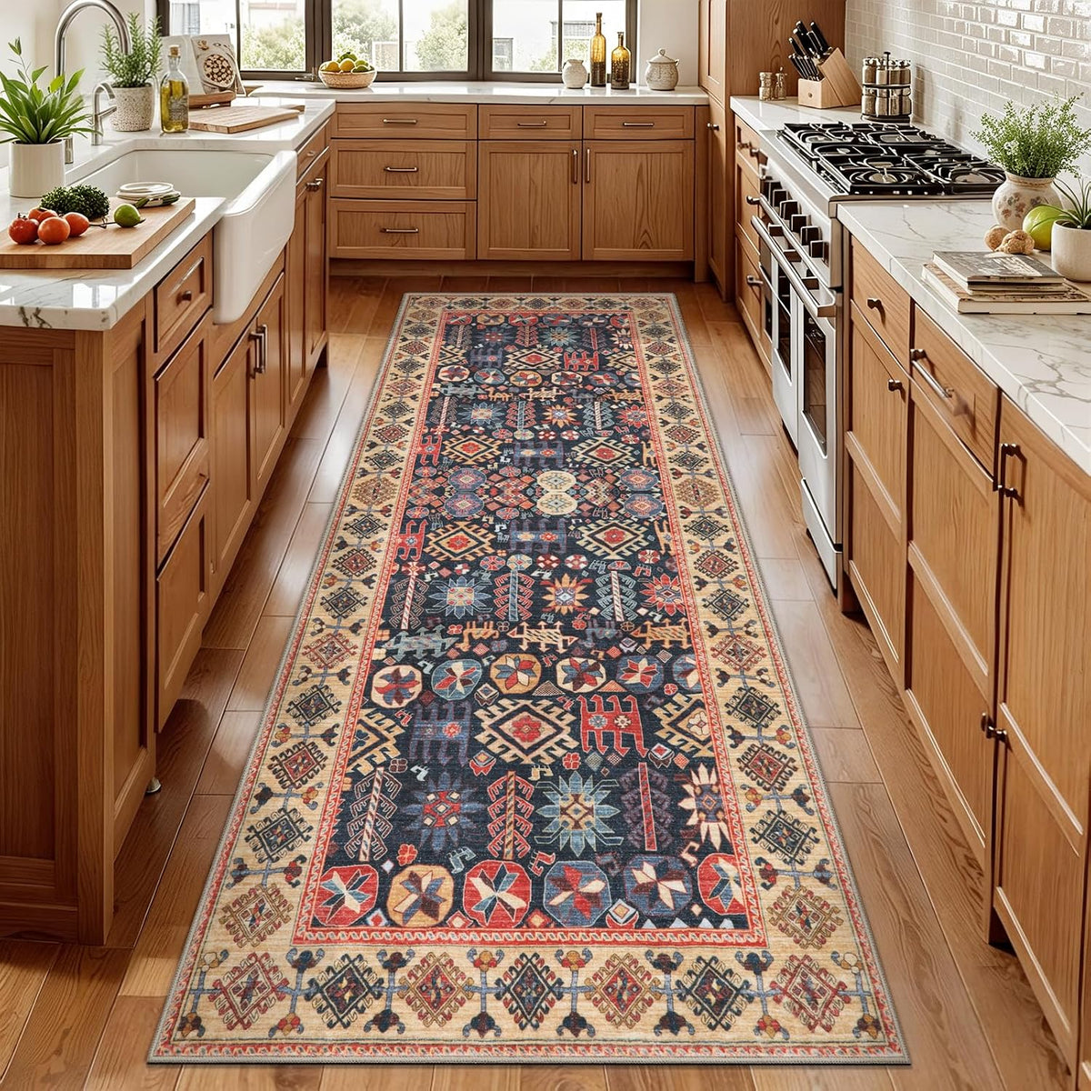 2x6 Blue and Beige Boho Vintage Washable Runner Rug - Non-Slip Hallway Carpet