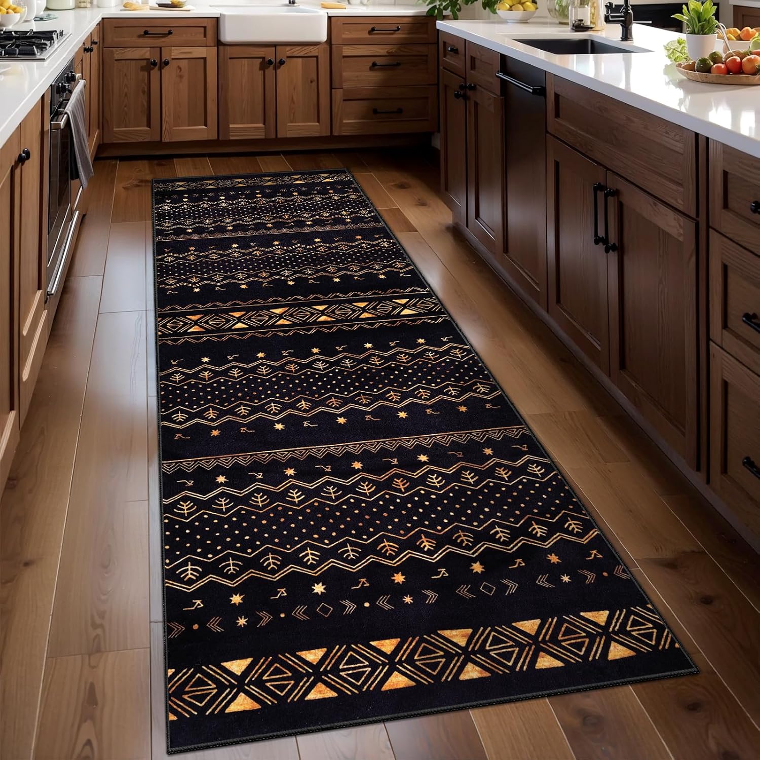 9x12 Washable Living Room Area Rug - Black and Gold Moroccan Carpet